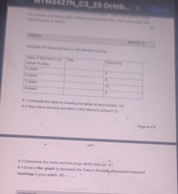 M1M3427N_C2_23 Octob... 
os a Rowoo and Darry wada 3 Kwara in a bunch tor Rh5. How much monay wk 
Darny be sie to maer? 
TABR B “ ( 
Comsider the fuflowing Dea on Mrs Saven's Schest. 
he table by drawing the talties of each section. (4) 
8.2 How many leamers are there in Mrs Steven's school? (1) 
Page 4 of 5 
6.3 Determine the mode and the range of the data set. (2) 
6.4 Draw a Bar graph to represent the Data in the lattle Remember important 
headings in your graph: (8)