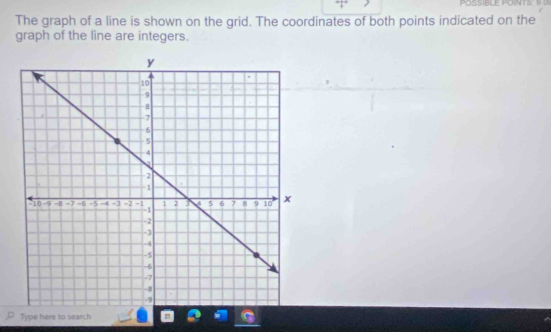 POSSIBLE POINTS: 9 
The graph of a line is shown on the grid. The coordinates of both points indicated on the 
graph of the line are integers. 
Type here to search