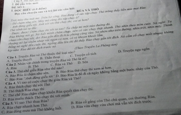 Đề cầu trúc mới
DÉ SÔ 1:
I. ĐQC HIÉU (6.0 điểm)
rùa và thỏ
Đọc câu chuyện sau và trã lời các cầu hỏi:
Trời mùa thu mát mê. Trên bờ sống, Rùa đang cổ sức tập chạy. Thổ trồng thấy liền mia mai Rùa
- Đồ chậm như sên. Mày mà cũng đời tập chạy à?
Thỏ vệnh tai tự đặc - Anh đừng giễu tôi. Anh với tôi thứ chạy thi, coi ai hơn?
- Được, được! Dâm chạy thì với ta sao? Ta chấp mi một nừa đường đó.
Rùa không nói gì. Nó biết mình chậm chạp, nên có sức chạy thật nhanh. Thỏ nhìn theo mim cười. Nô nghĩ: Ta
chưa cần chạy vôi, đợi Rùa gần đến đích ta phóng cũng vừa. Nó nhớn nhợ trên đường, nhìn trời, nhìn máy. Thình
Bổng nó nghĩ đến cuộc thi, ngắng đầu lên thì đã thấy Rùa chạy gần tới đích. Nó cầm cổ chạy miết nhưng không
thoáng nó lại nhấm nháp vài ngọn có non, có vẻ khoan khoái lẫm
kịp nữa. Rùa đã tới đích trước nó (Theo Truyện La Phông-ten)
B. Thần thoại C. Truyện cổ tích D. Truyện ngụ ngôn
A. Truyền thuyết Câu 1. Truyện Rùa và Thỏ thuộc thể loại nào?
Câu 2. Nhân vật chính trong truyện Rùa và Thỏ là ai?
A. Rùa B. Thỏ C. Rùa và Thỏ D. Sên
Câu 3. Thỏ chế giễu Rùa như thế nào?
A. Bảo Rùa là chậm như sên. B. Bảo Rùa thử chạy thi xem ai hơn.
C. Bảo Rùa ''Anh đừng giễu tôi '' D. Bảo Rùa là đồ đi cả ngày không bằng một bước nhảy của Thỏ.
Câu 4. Vì sao có cuộc chạy thi giữa Rùa và Thỏ?
A. Rùa thích chạy thi với Thỏ
B. Thỏ thách Rùa chạy thi
C. Thỏ chê Rùa chậm chạp khiến Rùa quyết tâm chạy thi.
D. Rùa muốn thách Thỏ chạy thi với mình.
A. Rùa chạy nhanh hơn Thỏ. B. Rùa cố gắng còn Thỏ chủ quan, coi thường Rùa.
Câu 5. Vì sao Thỏ thua Rùa?
C. Rùa dùng mưu mà Thỏ không biết. D. Rùa vừa chạy vừa chơi mà vẫn tới đích trước.