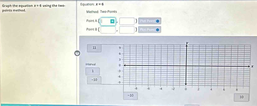 Graph the equation x=6 using the two- Equation: x=6
points method. Method: Two-Points 
Point A ( (□ ,□ ) Plat Point 
Point B (□ ,□ ) Plat Point
11
Interval
1
-10
-10
10