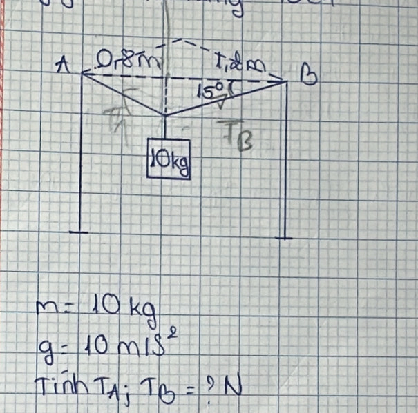 A O8m
log _32=7 12 1
15°C
TB 
1Okg
m=10kg
g=10m/s^2
Tinh T_AjT_B= ? N