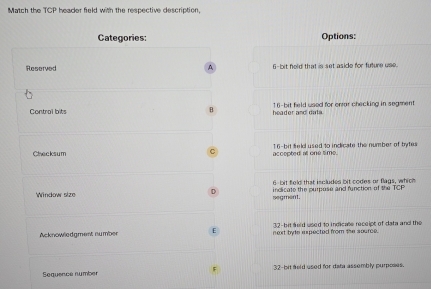 Match the TCP header field with the respective description,
Categories: Options:
Reserved A 6-bit held that is set aside for future use.
Contral bits header and dats . 16-bit field used for enrar checking in segment
Checksum accepted at one time. 16-bit field used to indicate the number of bytes
6-bit field that iscludes bit codes or flags, which
Window size segment. indicate the purpose and function of the TCF
32-bit feld used to indicase receipt of data and the
Acknowledgment number next byte expected from the source.
Sequence number 32-bit aeld used for data assembly purposes.