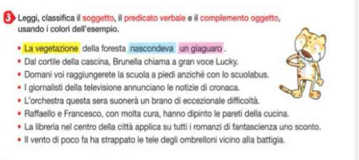 Leggi, classifica il soggetto, il predicato verbale e il complemento oggetto, 
usando i colori dell'esempio. 
La vegetazione della foresta nascondeva un giaguaro . 
Dal cortile della cascina, Brunella chiama a gran voce Lucky. 
Domani voi raggiungerete la scuola a piedi anziché con lo scuolabus. 
l giornalisti della televisione annunciano le notizie di cronaca. 
L'orchestra questa sera suonerà un brano di eccezionale difficoltà. 
Raffaello e Francesco, con molta cura, hanno dipinto le pareti della cucina. 
La libreria nel centro della città applica su tutti i romanzi di fantascienza uno sconto. 
ll vento di poco fa ha strappato le tele degli ombrelloni vicino alla battigia.