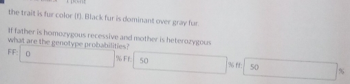 the trait is fur color (f). Black fur is dominant over gray fur. 
If father is homozygous recessive and mother is heterozygous 
what are the genotype probabilities?
FF: % F1: 50 % ff: 50
%