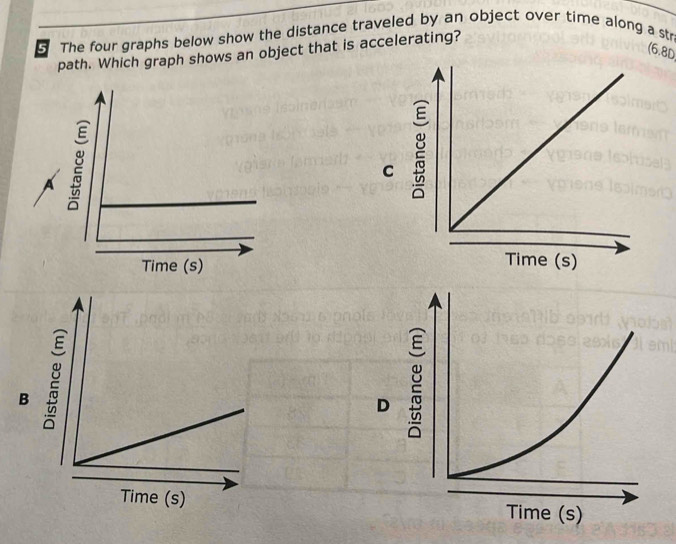 The four graphs below show the distance traveled by an object over time along a str 
(6.8D 
path. Which graph shows an object that is accelerating? 
C 
B 
D