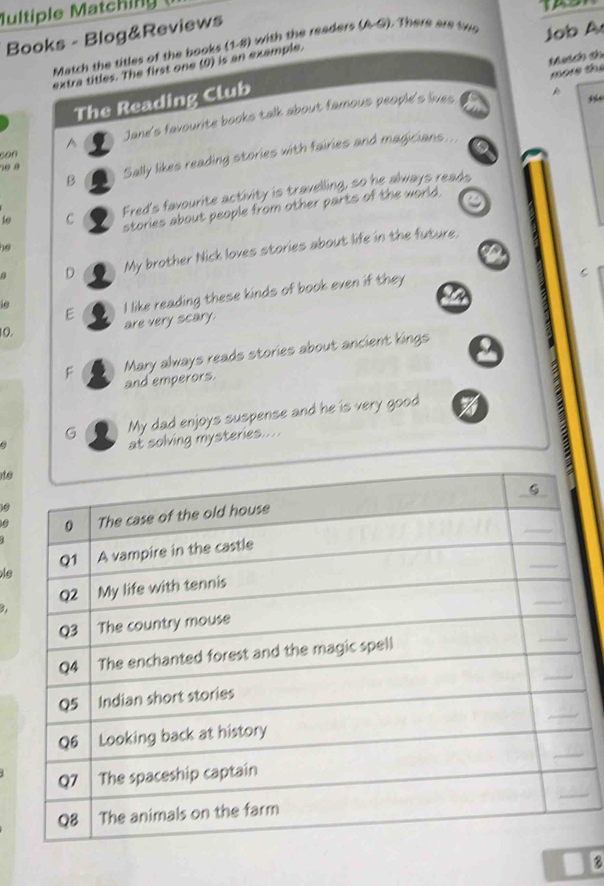 Multiple Matching 
Job A
Books - Blog&Reviews
Match the titles of the books (1.8) with the readers (A-G) , There are twe 
Matco d 
extra titles. The first one (0) is an example.
more the
The Reading Club
A Jane's favourite books talk about famous people's lives
“
san
B Sally likes reading stories with fairies and magicians ...
0 9
Fred's favourite activity is travelling, so he always reads
1e C 2 stories about people from other parts of the world.
a D 2 My brother Nick loves stories about life in the future,
E 2 I like reading these kinds of book even if they 
10. are very scary.
F Mary always reads stories about ancient kings
and emperors.
G My dad enjoys suspense and he is very good
at solving mysteries....
a
ts
19
0
Is
B