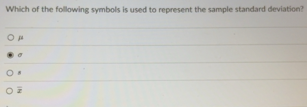 Solved: Which of the following symbols is used to represent the sample ...