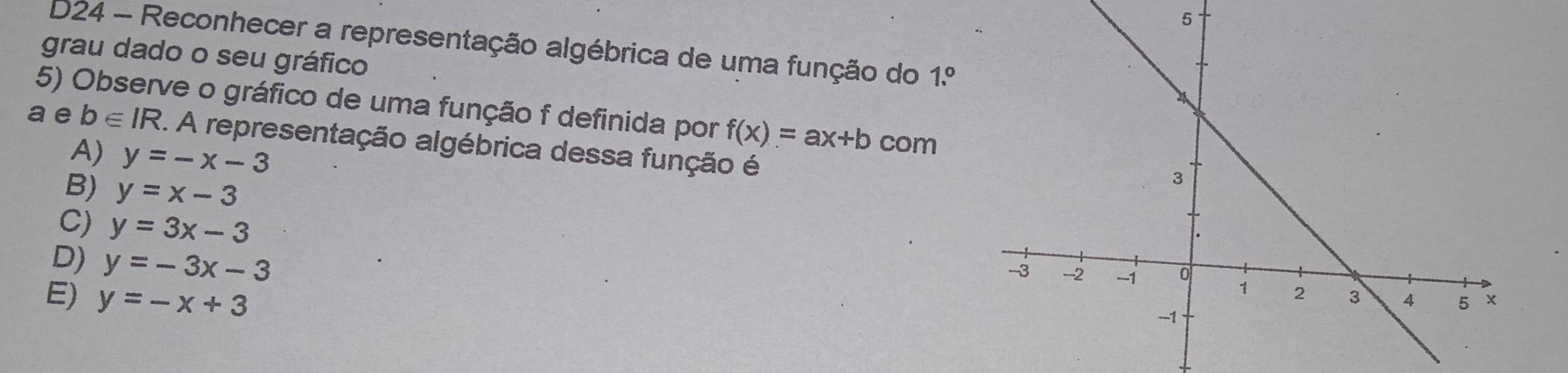 D24 - Reconhecer a representação algébrica de uma função do 1.^circ 
grau dado o seu gráfico
5) Observe o gráfico de uma função f definida por f(x)=ax+b com
a e b∈ IR. A representação algébrica dessa função é
A) y=-x-3
B) y=x-3
C) y=3x-3
D) y=-3x-3
E) y=-x+3