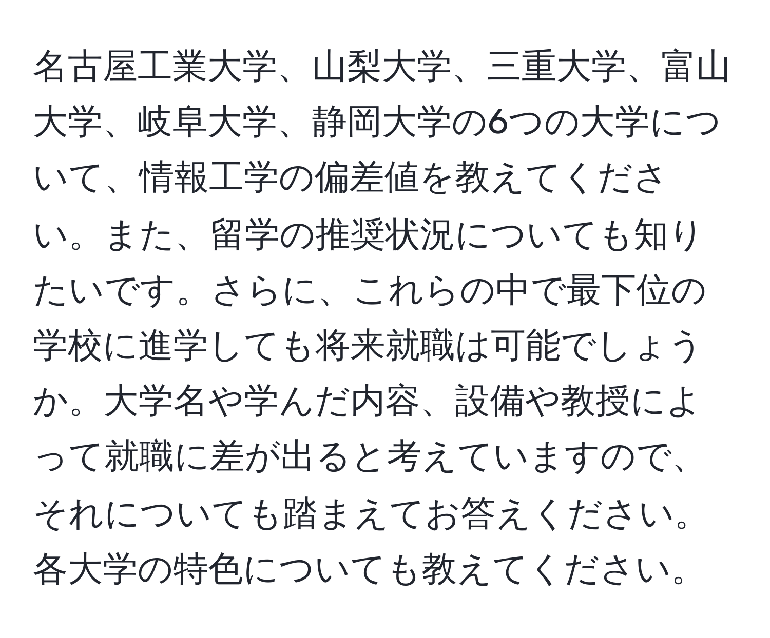 名古屋工業大学、山梨大学、三重大学、富山大学、岐阜大学、静岡大学の6つの大学について、情報工学の偏差値を教えてください。また、留学の推奨状況についても知りたいです。さらに、これらの中で最下位の学校に進学しても将来就職は可能でしょうか。大学名や学んだ内容、設備や教授によって就職に差が出ると考えていますので、それについても踏まえてお答えください。各大学の特色についても教えてください。