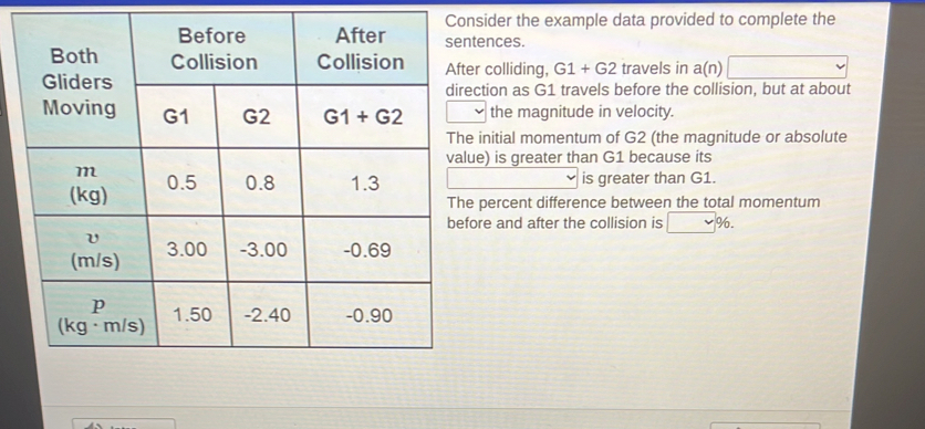 Consider the example data provided to complete the tences. er colliding ...
