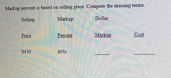 Markup percent is based on selling price. Compute the missing terms. 
Selling Markup Dollar 
Price Percent Markup Cost
$450 60%
_ 
_