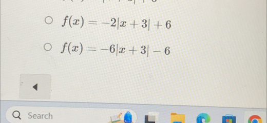 f(x)=-2|x+3|+6
f(x)=-6|x+3|-6
Search