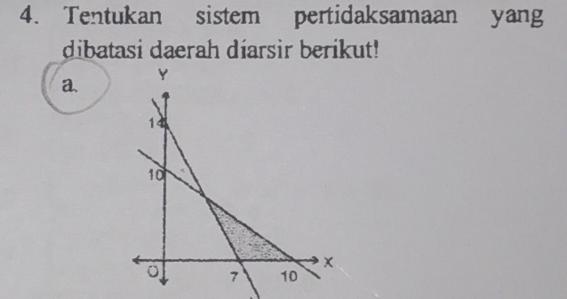 Tentukan sistem pertidaksamaan yang 
dibatasi daerah diarsir berikut! 
a.