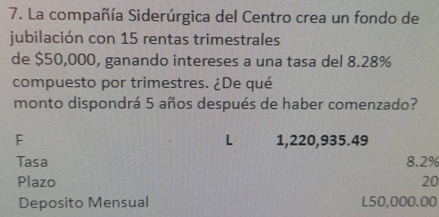 La compañía Siderúrgica del Centro crea un fondo de 
jubilación con 15 rentas trimestrales 
de $50,000, ganando intereses a una tasa del 8.28%
compuesto por trimestres. ¿De qué 
monto dispondrá 5 años después de haber comenzado? 
F 1,220,935.49
Tasa 8.2%
Plazo 20
Deposito Mensual L50,000.00