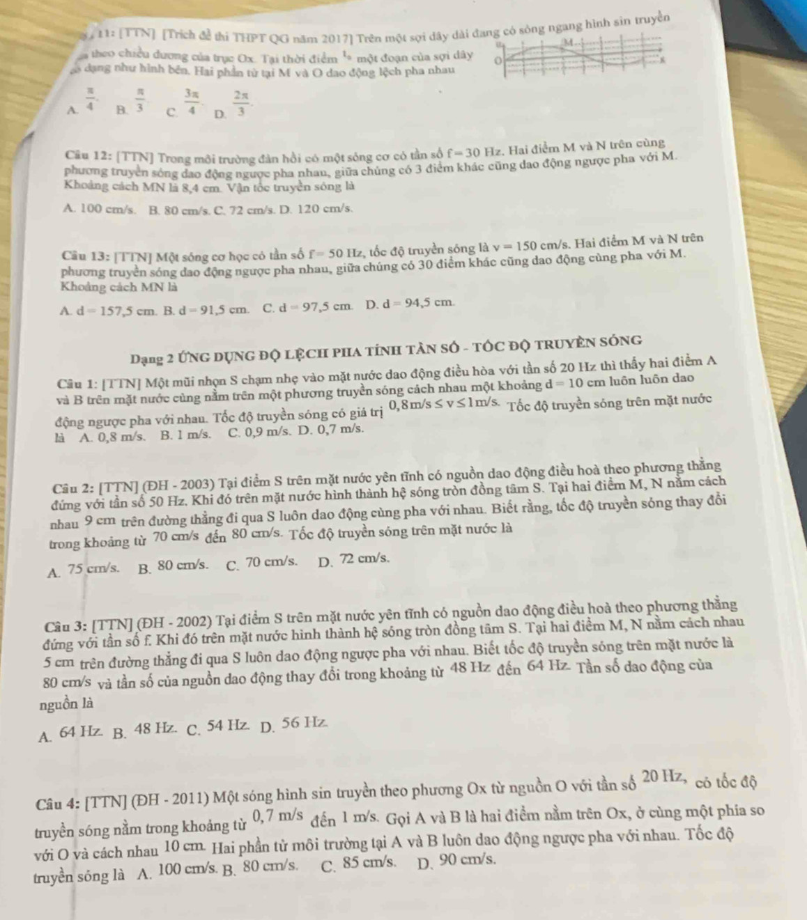 11: [TTN] [Trích để thi THPT QG năm 2017] Trên một sợi dây dài đang có sòng ngang hình sin truyền
M
5 theo chiều dương của trục Ox. Tại thời điểm ** một đoạn của sợi dây o
ạ dạng như hình bên. Hai phần từ tại M và O dao động lệch pha nhau
A.  π /4   π /3  C.  3π /4  D.  2π /3 .
B.
Câu 12: [TTN] Trong môi trường đàn hồi có một sóng cơ có tần số f=30Hz , Hai điểm M và N trên cùng
phương truyền sóng dạo động ngược pha nhau, giữa chúng có 3 điểm khác cũng dao động ngược pha với M.
Khoảng cách MN là 8,4 cm. Vận tốc truyền sóng là
A. 100 cm/s. B. 80 cm/s. C. 72 cm/s. D. 120 cm/s.
Câu 13: [TTN] Một sóng cơ học có tần số f=50Hz tốc độ truyền sóng là v=150cm/s. Hai điểm M và N trên
phương truyền sóng dao động ngược pha nhau, giữa chúng có 30 điểm khác cũng dao động cùng pha với M.
Khoảng cách MN là
A. d=157,5cm. B. d=91,5cm. C. d=97,5cm. D. d=94,5cm.
Dạng 2 Ứng dụng độ lệch pha tính tàn số - tốc độ truyền sóng
Câu 1: [TTN] Một mũi nhọn S chạm nhẹ vào mặt nước dao động điều hòa với tần số 20 Hz thì thấy hai điểm A
và B trên mặt nước cùng nằm trên một phương truyền sóng cách nhau một khoảng d=10cm luôn luôn dao
động ngược pha với nhau. Tốc độ truyền sóng có giá trị 0, 8 m/ s≤ v≤ 1m/s Tốc độ truyền sóng trên mặt nước
là A. 0,8 m/s. B. 1 m/s. C. 0,9 m/s. D. 0,7 m/s.
Cầu 2: [TTN] (ĐH - 2003) Tại điểm S trên mặt nước yên tĩnh có nguồn dao động điều hoà theo phương thẳng
đứng với tần số 50 Hz. Khi đó trên mặt nước hình thành hệ sóng tròn đồng tâm S. Tại hai điểm M, N nằm cách
nhau 9 cm trên đường thằng đi qua S luôn dao động cùng pha với nhau. Biết rằng, tốc độ truyền sóng thay đổi
trong khoảng từ 70 cm/s đến 80 cm/s. Tốc độ truyền sóng trên mặt nước là
A. 75 cm/s. B. 80 cm/s. C. 70 cm/s. D. 72 cm/s.
Câu 3: [TTN] (ĐH - 2002) Tại điểm S trên mặt nước yên tĩnh có nguồn dao động điều hoà theo phương thằng
đứng với tần số f. Khi đó trên mặt nước hình thành hệ sóng tròn đồng tâm S. Tại hai điểm M, N nằm cách nhau
5 cm trên đường thẳng đi qua S luôn dao động ngược pha với nhau. Biết tốc độ truyền sóng trên mặt nước là
80 cm/s và tần số của nguồn dao động thay đổi trong khoảng từ 48 Hz đến 64 Hz. Tần số dao động của
nguồn là
A. 64 Hz. B. 48 Hz. C. 54 Hz D. 56 Hz.
Câu 4: [TTN] (ĐH - 2011) Một sóng hình sin truyền theo phương Ox từ nguồn O với tần số 20 Hz, có tốc độ
truyền sóng nằm trong khoảng từ 0,7 m/s đến 1 m/s. Gọi A và B là hai điểm nằm trên Ox, ở cùng một phía so
với O và cách nhau 10 cm. Hai phần tử môi trường tại A và B luôn dao động ngược pha với nhau. Tốc độ
truyền sóng là A. 100 cm/s. B. 80 cm/s. C. 85 cm/s. D. 90 cm/s.