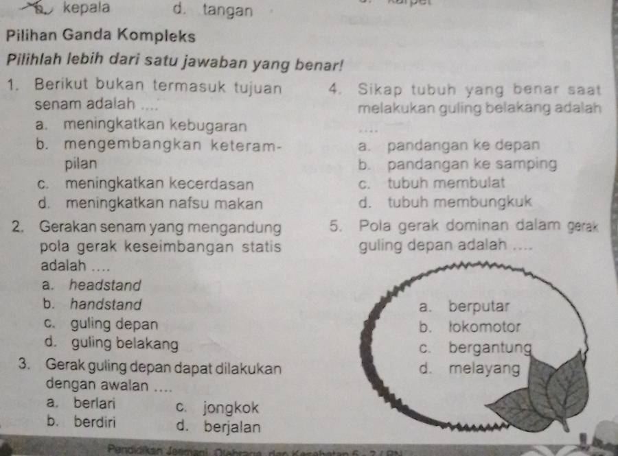 kepala d. tangan
Pilihan Ganda Kompleks
Pilihlah lebih dari satu jawaban yang benar!
1. Berikut bukan termasuk tujuan 4. Sikap tubuh yang benar saat
senam adalah … melakukan guling belakang adalah
a. meningkatkan kebugaran . .
b. mengembangkan keteram- a. pandangan ke depan
pilan b. pandangan ke samping
c. meningkatkan kecerdasan c. tubuh membulat
d. meningkatkan nafsu makan d. tubuh membungkuk
2. Gerakan senam yang mengandung 5. Pola gerak dominan dalam gerak
pola gerak keseimbangan statis guling depan adalah ....
adalah ....
a. headstand
b. handstand
c. guling depan
d. guling belakang 
3. Gerak guling depan dapat dilakukan
dengan awalan ....
a. berlari c. jongkok
b. berdiri d. berjalan
Plandidikan Jesmani, Dlehrage, den Kerehatan 6 . 2