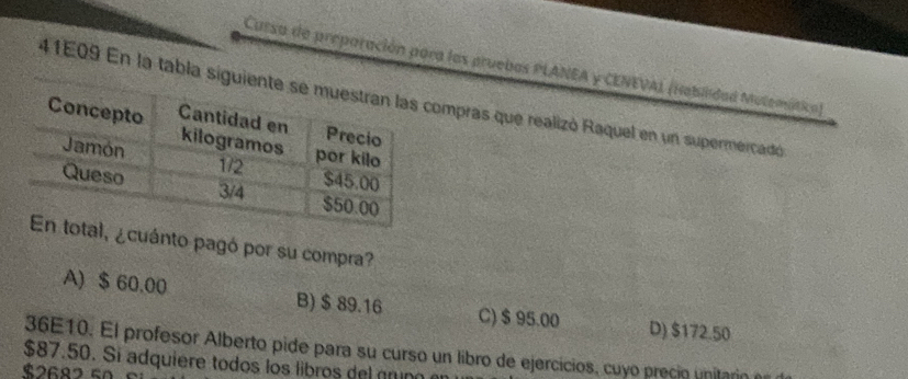 Cursa de preporación para las pruebas PLANEA y CENEVAL (Habiidad Molemática)
41E09 En la tabla siguimpras que realizó Raquel en un supermercadó
¿cuánto pagó por su compra?
A) $ 60.00 B) $ 89.16 C) $ 95.00 D) $172.50
36E10. El profesor Alberto pide para su curso un libro de ejercicios, cuyo precio unitario e
$87.50. Si adquiere todos los libros del gruno