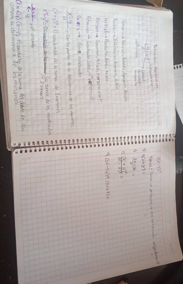 Terminos algebraices
3(x-5)^2
(-4)x^3 7Expenchte 
fl d 
literal Tarea: Comose pronuncia en terminis algebrai? 
vemable 
codficiente hoognita
 (2x-y)/x =
Suma Adiccion, Aumerto, Agregar! Aradir 
3 frac (x+y)^2(x-y)^3=
Rosta DiFerencia, Dismnuir, Outar 
Moltiyl Produc to, Dable, triple 4) 
Oivision Cosiente, Mitad, Fersera parte 
Porencial Coadrado, cubo, 4^(frac -5)2 porencial 
Roices Rair cadrada
 (x-y)/4 = coarta parte de la Diferenciace los numeros
(x+y)^2= Elcoadrado de b soma de 2nomeres
x^2+y^2= La soma de los wadrados 
de 2 sumas
 (x-y)/x-y =e^1 lcosiente
(2x+2y)(x-y) elprodocta dela soma del dabre de dos 
cverpos a diferencia de los mismos