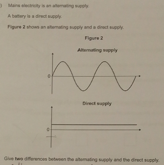 ) Mains electricity is an alternating supply. 
A battery is a direct supply. 
Figure 2 shows an altemating supply and a direct supply. 
Figure 2 
Alternating supply 
Give two differences between the alternating supply and the direct supply.