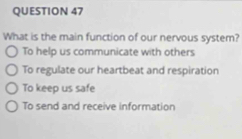 What is the main function of our nervous system?
To help us communicate with others
To regulate our heartbeat and respiration
To keep us safe
To send and receive information