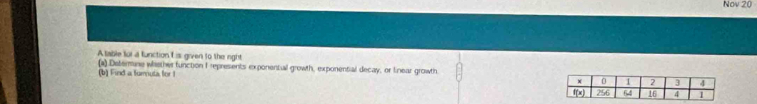 Nov 20
A table for a function L is given to the right
(a) Delerune whiether tunction I represents exponential growth, exponential decay, or linear growth
(b) Find a formuta for I