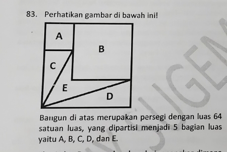 Perhatikan gambar di bawah ini! 
Bangun di atas merupakan persegi dengan luas 64
satuan luas, yang dipartisi menjadi 5 bagian luas 
yaitu A, B, C, D, dan E.