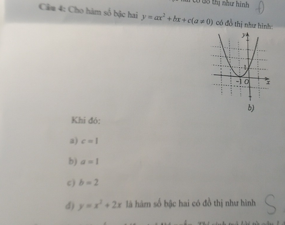 Có đô thị như hình 
Câu 4: Cho hàm số bậc hai y=ax^2+bx+c(a!= 0) có đồ thị như hình: 
b) 
Khi đó: 
a) c=1
b) a=1
c) b=2
d) y=x^2+2x là hàm số bậc hai có đồ thị như hình