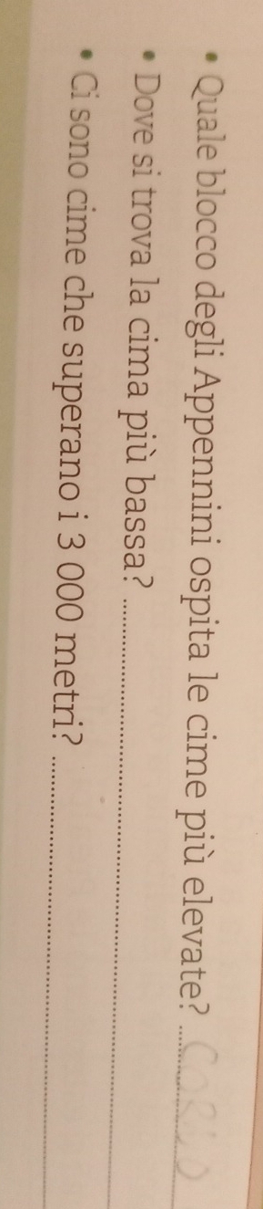 Quale blocco degli Appennini ospita le cime più elevate?_ 
Dove si trova la cima più bassa?_ 
Ci sono cime che superano i 3 000 metri?_