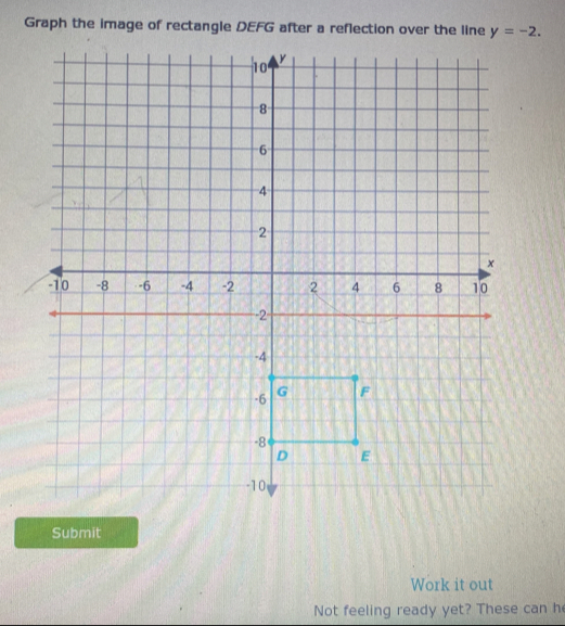 Graph the image of rectangle DEFG after a reflection over the line y=-2. 
Submit 
Work it out 
Not feeling ready yet? These can h