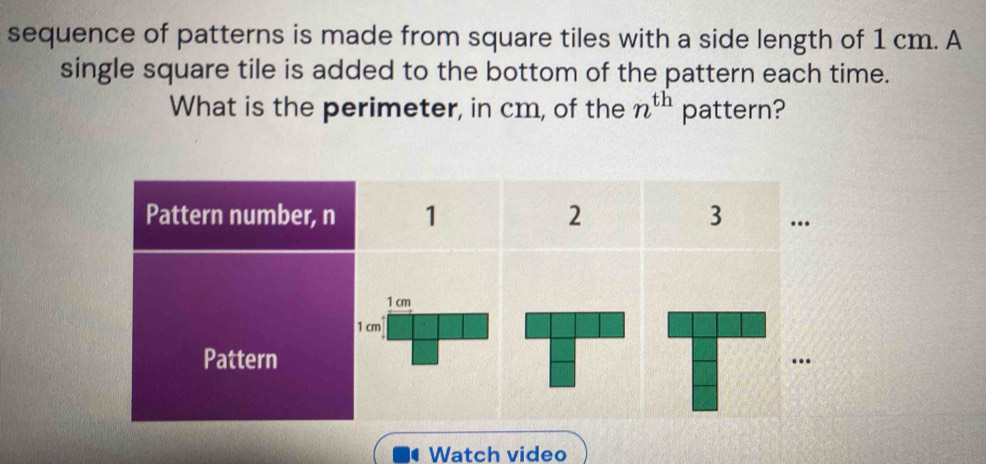 sequence of patterns is made from square tiles with a side length of 1 cm. A 
single square tile is added to the bottom of the pattern each time. 
What is the perimeter, in cm, of the n^(th) pattern? 
Watch video