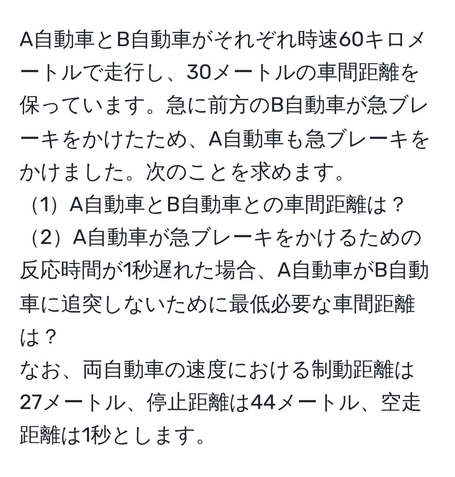 A自動車とB自動車がそれぞれ時速60キロメートルで走行し、30メートルの車間距離を保っています。急に前方のB自動車が急ブレーキをかけたため、A自動車も急ブレーキをかけました。次のことを求めます。  
1A自動車とB自動車との車間距離は？  
2A自動車が急ブレーキをかけるための反応時間が1秒遅れた場合、A自動車がB自動車に追突しないために最低必要な車間距離は？  
なお、両自動車の速度における制動距離は27メートル、停止距離は44メートル、空走距離は1秒とします。