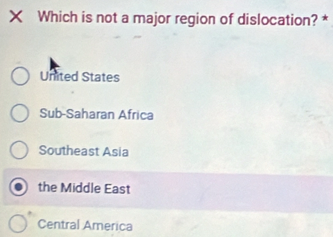 Which is not a major region of dislocation? *
United States
Sub-Saharan Africa
Southeast Asia
the Middle East
Central America