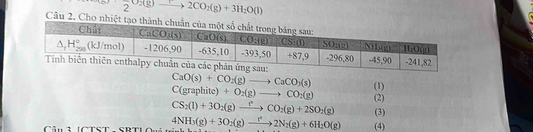 2^(O_2)(g)to 2CO_2(g)+3H_2O(l)
Câu 2. Cho nhiệt tạo
CaO(s)+CO_2(g)to CaCO_3(s)
C(graphite)+O_2(g)to CO_2(g)
(1)
(2)
CS_2(l)+3O_2(g)xrightarrow t°CO_2(g)+2SO_2(g) (3)
Câu 3 [CTST -SRT] 4NH_3(g)+3O_2(g)to 2N_2(g)+6H_2O(g) (4)