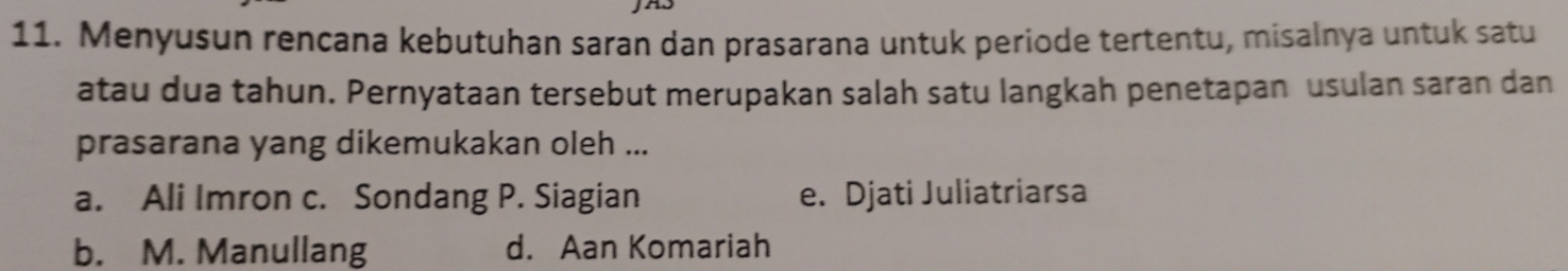 Menyusun rencana kebutuhan saran dan prasarana untuk periode tertentu, misalnya untuk satu
atau dua tahun. Pernyataan tersebut merupakan salah satu langkah penetapan usulan saran dan
prasarana yang dikemukakan oleh ...
a. Ali Imron c. Sondang P. Siagian e. Djati Juliatriarsa
b. M. Manullang d. Aan Komariah