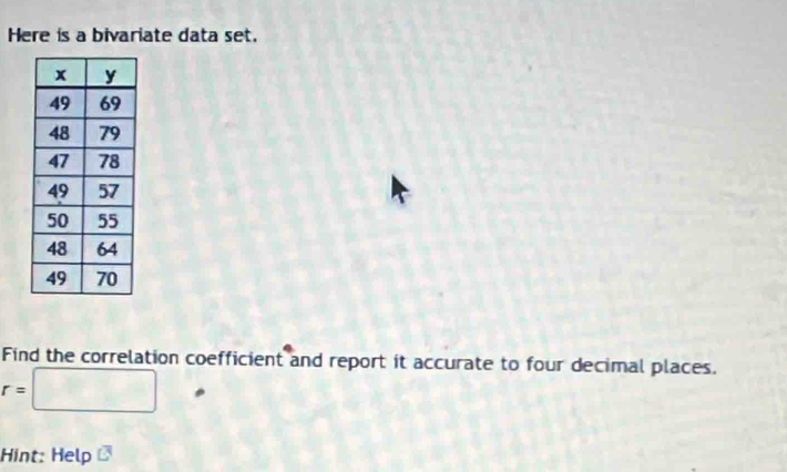 Here is a bivariate data set. 
Find the correlation coefficient and report it accurate to four decimal places.
r=□
Hint: Help