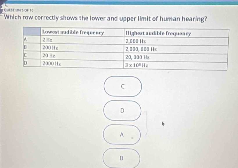 OF 10
Which row correctly shows the lower and upper limit of human hearing?
C
D
A
B