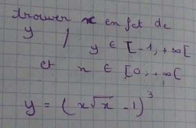 droen ne en fot de 
y1
y∈ [-1,+∈fty [
er n∈ [0,+∈fty ]
y=(xsqrt(x)-1)^3