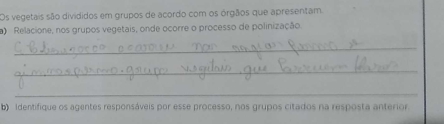 Os vegetais são divídidos em grupos de acordo com os órgãos que apresentam. 
a) Relacione, nos grupos vegetais, onde ocorre o processo de polinização. 
_ 
_ 
_ 
b) Identifique os agentes responsáveis por esse processo, nos grupos citados na resposta anterior.