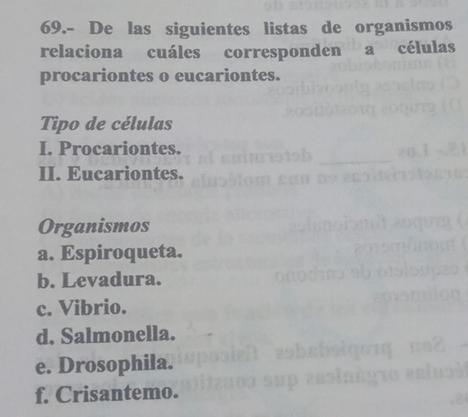 69.- De las siguientes listas de organismos
relaciona cuáles corresponden a células
procariontes o eucariontes.
Tipo de células
I. Procariontes.
II. Eucariontes.
Organismos
a. Espiroqueta.
b. Levadura.
c. Vibrio.
d. Salmonella.
e. Drosophila.
f. Crisantemo.