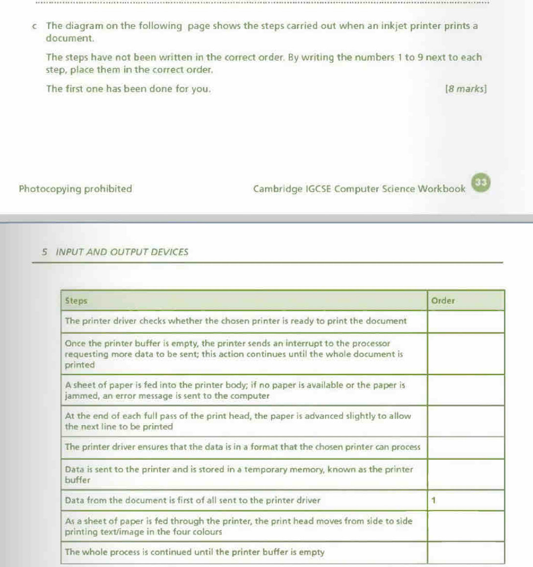 The diagram on the following page shows the steps carried out when an inkjet printer prints a 
document. 
The steps have not been written in the correct order. By writing the numbers 1 to 9 next to each 
step, place them in the correct order. 
The first one has been done for you. [8 marks] 
Photocopying prohibited Cambridge IGCSE Computer Science Workbook 33 
S INPUT AND OUTPUT DEVICES 
The whole process is continued until the printer buffer is empty