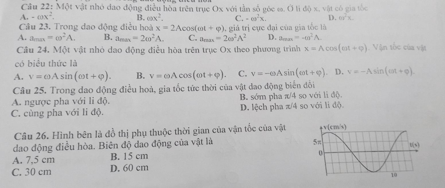 Một vật nhỏ dao động điều hòa trên trục Ox với tần số góc ω. Ở li độ x, vật có gia tốc
A. -omega x^2. B. omega x^2. C. -omega^2x. D. (0)^2x.
Câu 23. Trong dao động điều hoà x=2Acos (omega t+varphi ) 0, giá trị cực đại của gia tốc là
A. a_max=omega^2A. B. a_max=2omega^2A. C. a_max=2omega^2A^2 D. a_max=-omega^2A.
Câu 24. Một vật nhỏ dao động điều hòa trên trục Ox theo phương trình x=Acos (omega t+varphi ). Vận tốc của vật
có biểu thức là
A. V=omega Asin (omega t+varphi ). B. v=omega Acos (omega t+varphi ). C. v=-omega Asin (omega t+varphi ) D. v=-Asin (omega t+varphi ).
Câu 25. Trong dao động điều hoà, gia tốc tức thời của vật dao động biến đồi
A. ngược pha với li độ. B. sớm pha π/4 so với li độ.
C. cùng pha với li độ. D. lệch pha π/4 so với li độ.
Câu 26. Hình bên là đồ thị phụ thuộc thời gian của vận tốc của vật
dao động điều hòa. Biên độ dao động của vật là
A. 7,5 cm B. 15 cm
C. 30 cm
D. 60 cm