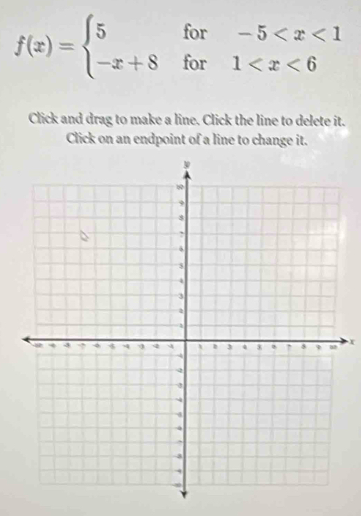 f(x)=beginarrayl 5for-5
Click and drag to make a line. Click the line to delete it. 
Click on an endpoint of a line to change it.
x