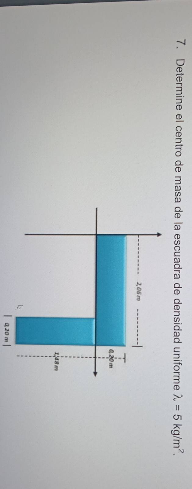 Determine el centro de masa de la escuadra de densidad uniforme lambda =5kg/m^2.
0,20 m