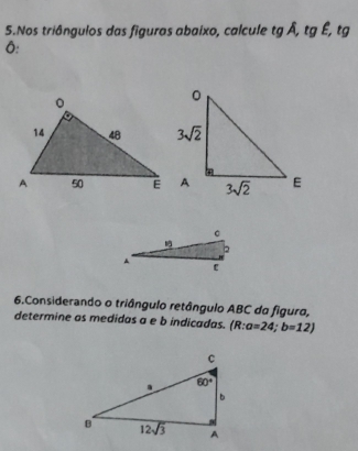 Nos triângulos das figuras abaixo, calcule tg ∠ g , tg
0:
6.Considerando o triângulo retângulo ABC do figuro,
determine as medidas a e b indicadas. (R:a=24;b=12)