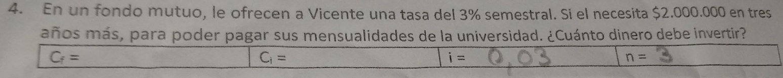 En un fondo mutuo, le ofrecen a Vicente una tasa del 3% semestral. Si el necesita $2.000.000 en tres
años más, para poder pagar sus mensualidades de la universidad. ¿Cuánto dinero debe invertir?
C_f=
C_i=
i=
n=