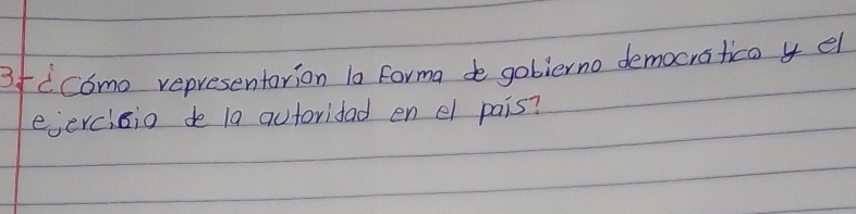 3fccomo representarion la Forma de gobierno democratico y e 
ejercisio de 1a autoridad en el pais?