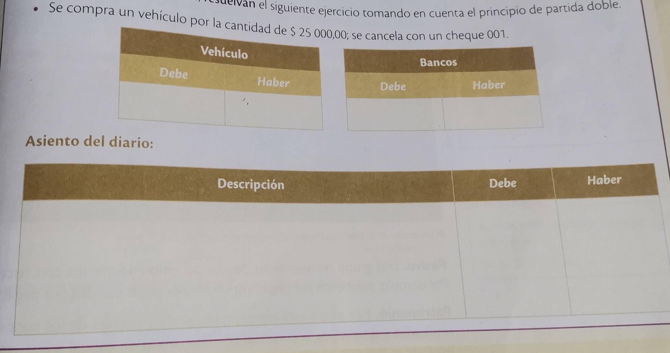 suelvan el siguiente ejercicio tomando en cuenta el principio de partida doble. 
Se compra un vehículo po00; se cancela con un cheque 001. 
Asiento del diario: