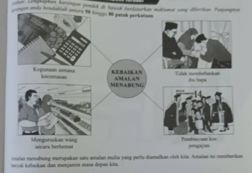 yahan: Lengkapkan karangan pendek di bawah bendasarkan maklumat yang diberikan. Panjangnpa 
ngan anda hendaklah 
Amalan menabung merupakan satu amalan mulia yang perlu diamalkan oleh kita. Amalan ini memberikan 
banyak kebaikan dan menjamin masa depan kita.