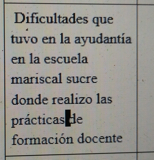 Dificultades que 
tuvo en la ayudantía 
en la escuela 
mariscal sucre 
donde realizo las 
prácticas de 
formación docente