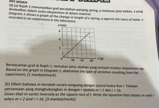 PPT KEDAH
58 (a) Rajah 1 menunjukkan graf perubahan panjang spring, p melawan jisim beban, x yang
direkodkan dalam suatu eksperimen di dalam makmal.
Diagram 1 shows a graph of the change in length of a spring, p against the mass of loads, x
recorded in an experiment in the laboratory.
Berdasarkan graf di Rajah 1, tentukan jenis ubahan yang terhasil melalui eksperimen i u.
Based on the graph in Diagram 1, determine the type of variation resulting from the
experiment. [1 markah/mark]
(b) Diberi bahawa m berubah secara songsang dengan punca kuasa dua r. Tuliskan
persamaan yang menghubungkan m dengan r apabila m=2 dan r=16.
Given that m varies inversely as the square root of r. Write the equation that relates m with r
when m=2 and r=16. [3 markah/marks]